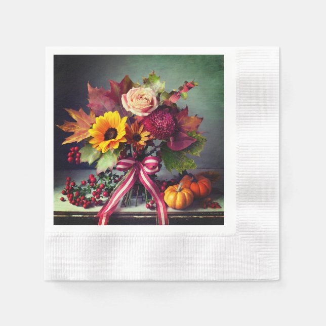Fall Flowers & Red/White Ribbon, Cocktail Paper Napkin (Front)
