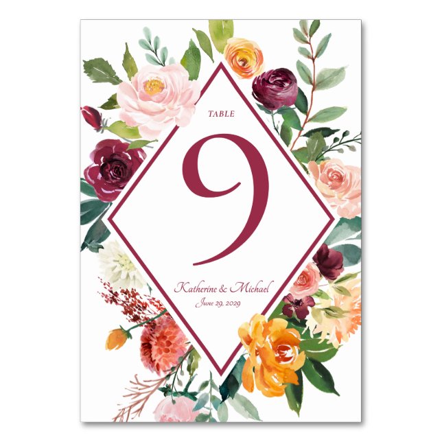 Fall Flowers Rustic Wine Red Table Numbers (Front)