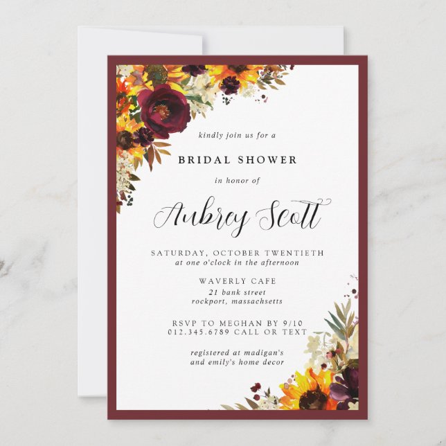 Fall Flowers Sunflower Rose Bridal Shower Invitation (Front)
