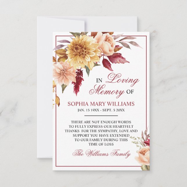Fall Flowers Sympathy Memory Thank You Card (Front)