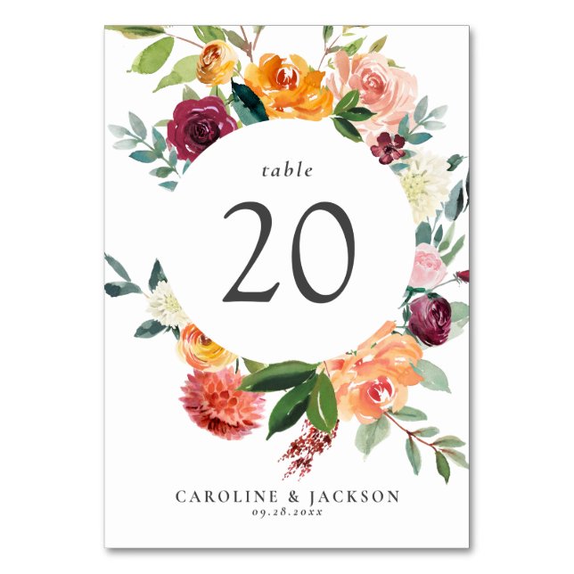 Fall Flowers Table Number Card for Wedding (Front)
