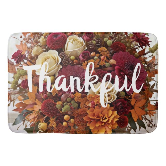 Fall Flowers Thankful Bath Mat (Front)