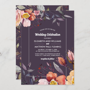 Fall Flowers Watercolor Plum Wedding Invitation