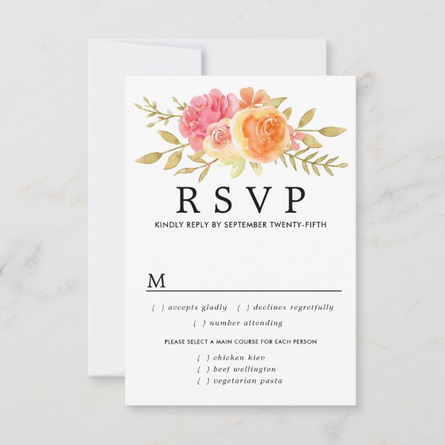 Fall Flowers Wedding RSVP Card, Meal Options (Front)