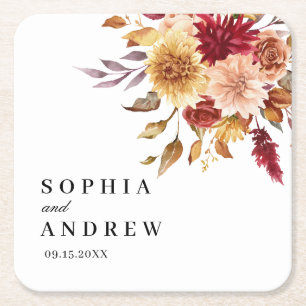 Fall Flowers Wedding Square Paper Coaster