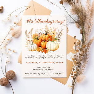Fall Flowers White Pumpkin Thanksgiving Dinner  Invitation