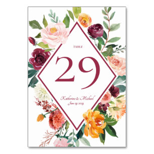 Fall Flowers Wine Red Rustic Table Numbers