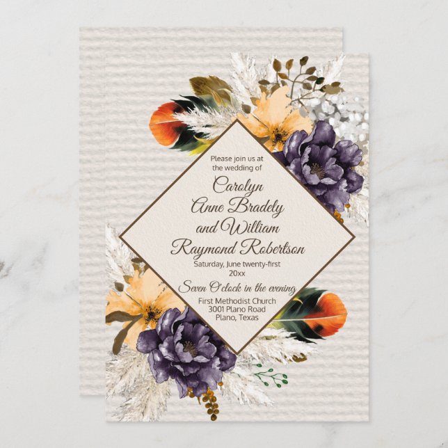 Fall Flowers with Pampas Grass and Feather Wedding Invitation (Front/Back)