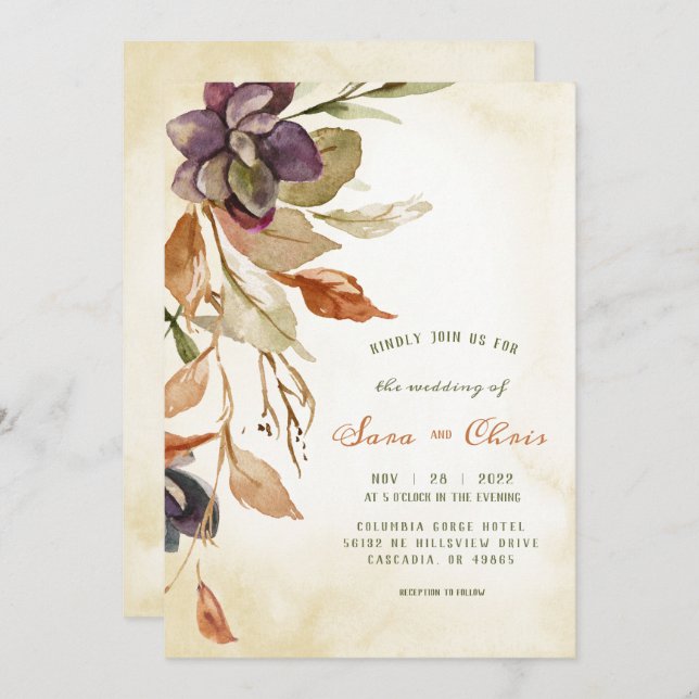 Fall Foliage and Succulent | Tan Watercolor Invitation (Front/Back)