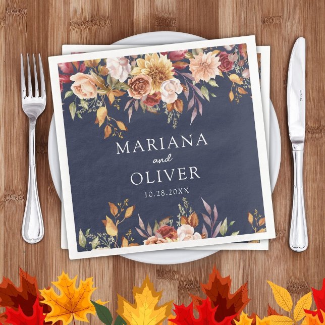Fall Foliage Autumn Colours Navy Blue Wedding Napkin (Creator Uploaded)