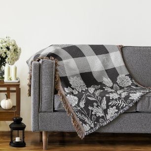 Fall Foliage Autumn Flowers & Foliage Black Plaid Throw Blanket