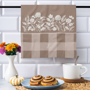 Fall Foliage Autumn Flowers & Foliage Taupe Plaid Tea Towel