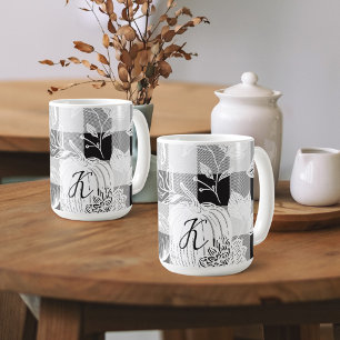 Fall Foliage Autumn Flowers & Pumpkins Black Plaid Coffee Mug