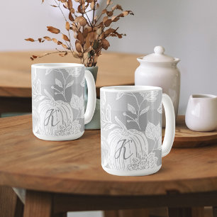 Fall Foliage Autumn Flowers & Pumpkins Grey Plaid Coffee Mug