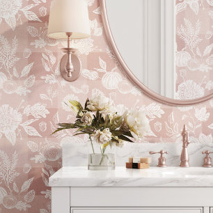 Fall Foliage Autumn Flowers & Pumpkins Pink Plaid Wallpaper