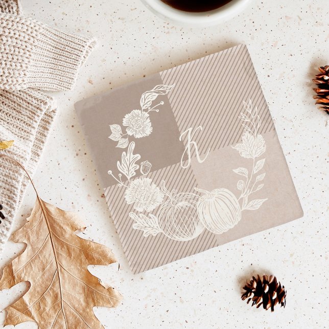 Fall Foliage Autumn Flowers & Pumpkins Taupe Plaid Stone Coaster (Fall Foliage Autumn Flowers & Pumpkins Taupe Plaid Stone Coaster)