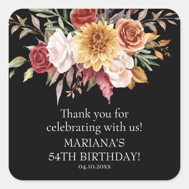 Fall Foliage Black Birthday Party Favour Square Sticker (Front)