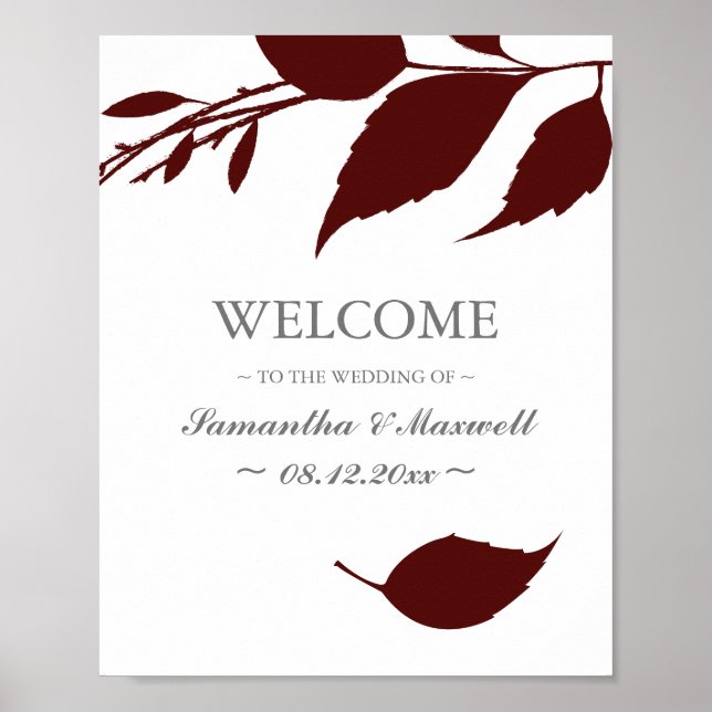 Fall Foliage Burgundy Leaves Wedding Welcome Poster (Front)