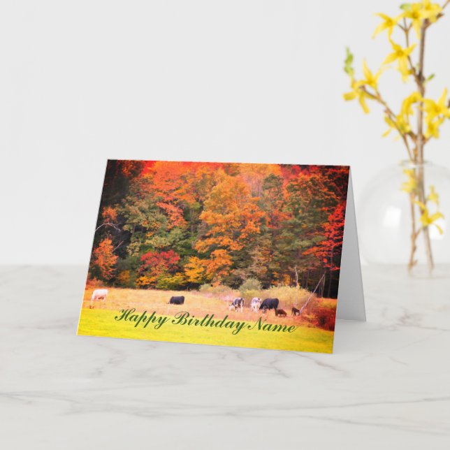 Fall Foliage Cows Field Personalised Birthday Card (Yellow Flower)