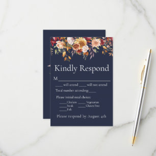 Fall Foliage Floral Navy Blue Wedding RSVP Card