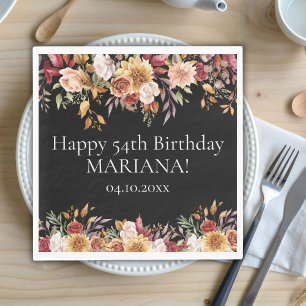 Fall Foliage Flowers Black Birthday Party Napkin