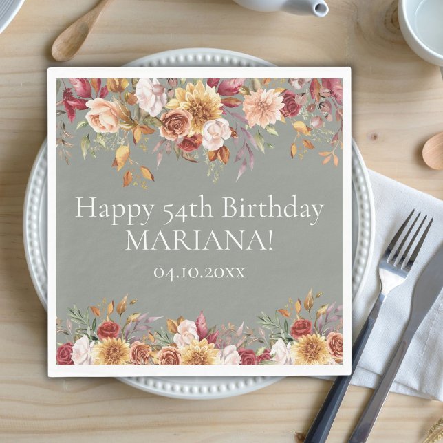 Fall Foliage Flowers Sage Green Birthday Party Napkin (Creator Uploaded)