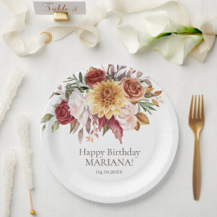 Fall Foliage Flowers White Birthday Party Paper Plate