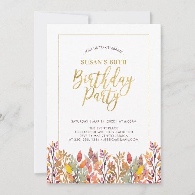 Fall Foliage & Gold Adult 60th Birthday Party Invitation (Front)