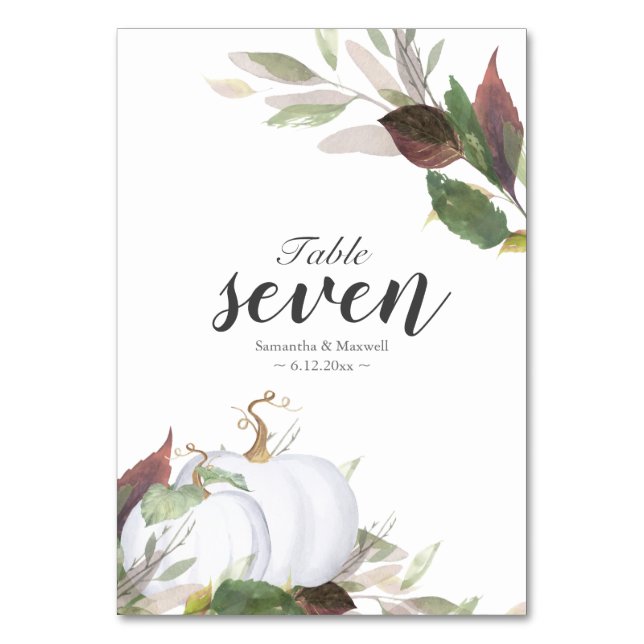 Fall Foliage Leaves White Pumpkin Table Number (Front)