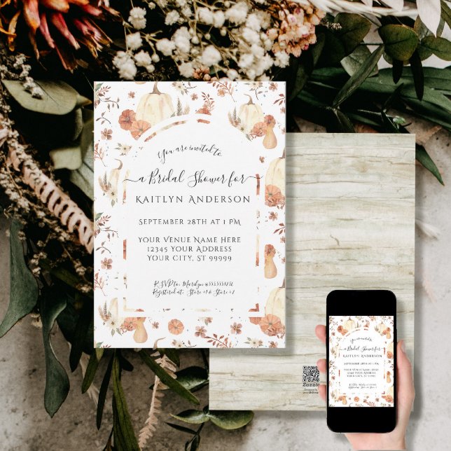 Fall Foliage Pumpkin Floral Watercolor Bridal Invitation (Creator Uploaded)