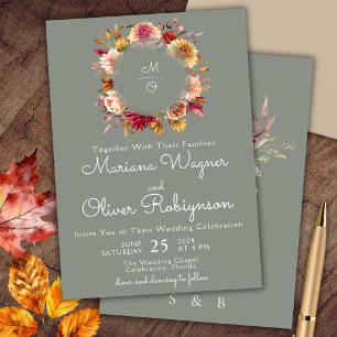Fall Foliage Sage Green Floral Wedding Invitation