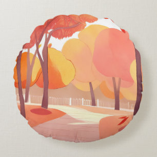 Fall Foliage Stroll Abstract Watercolor Round Cushion