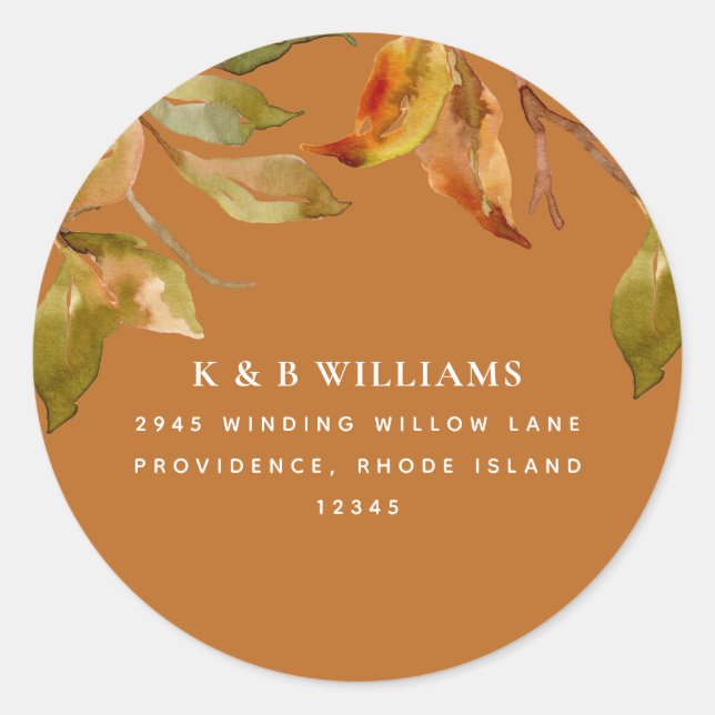 Fall Foliage Terracotta Address Classic Round Sticker (Front)