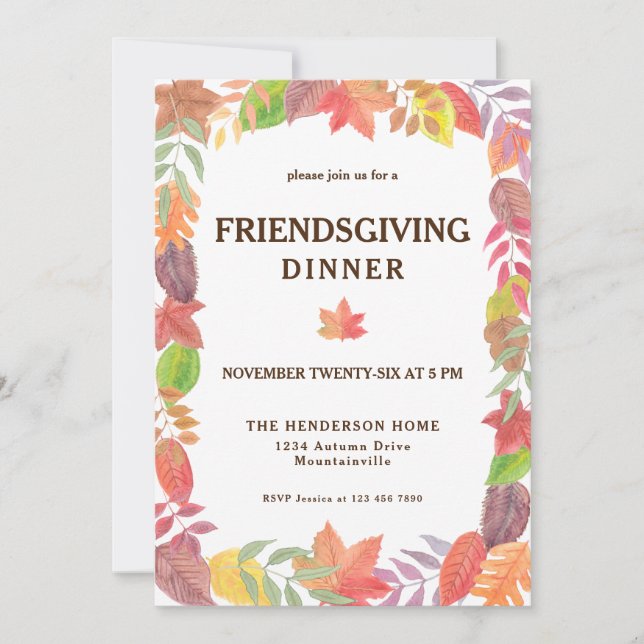 Fall Foliage Watercolor Friendsgiving Dinner Invitation (Front)