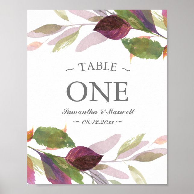 Fall Foliage Watercolor Leaves Table Number Poster (Front)