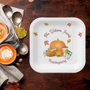Fall Football Pumpkin Latte Watercolor Paper Plate