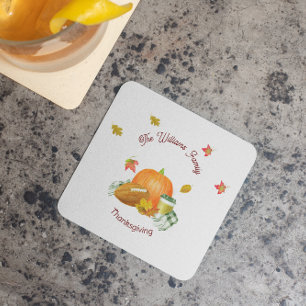 Fall Football Pumpkin Latte Watercolor Square Paper Coaster