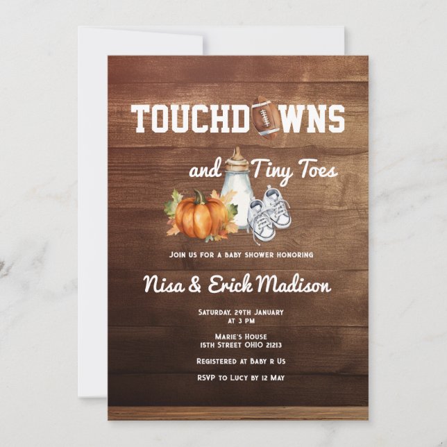 Fall Football Touchdown Tiny Toes Baby Shower Invitation (Front)
