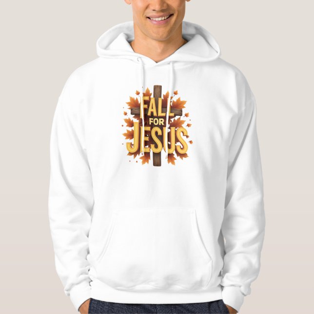 Fall For Jesus Cross with Autumn Leaves Design Hoodie (Front)