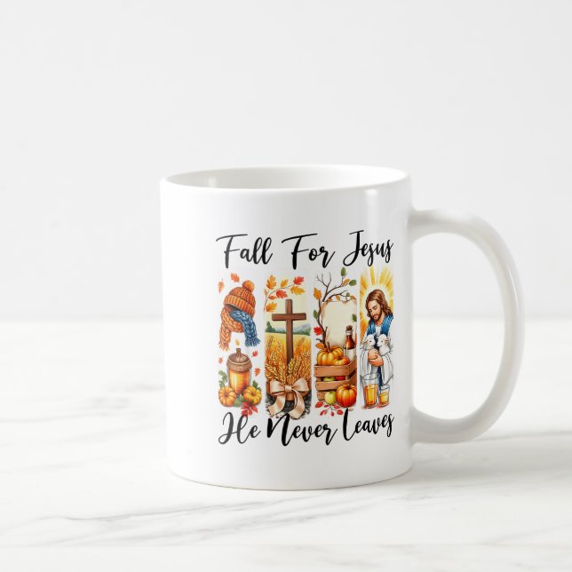 Fall For Jesus He Never Leaves Autumn Christan Men Coffee Mug (Right)