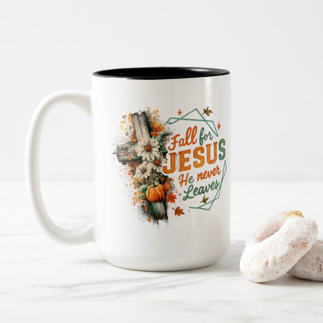 Fall For Jesus....  Two-Tone Coffee Mug (With Donut)