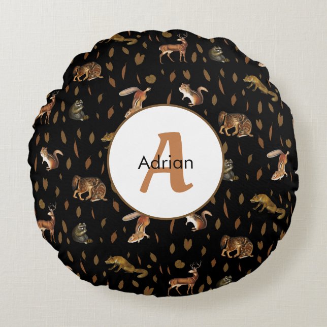 Fall Forest Animals Autumn Leaves Monogram Round Cushion (Front)