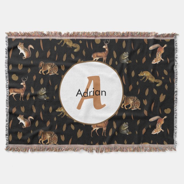 Fall Forest Animals Autumn Leaves Monogram Throw Blanket (Front)