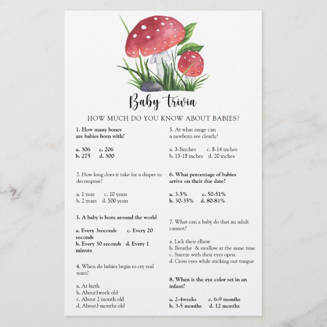 Fall forest mushroom baby shower Baby Trivia (Front)
