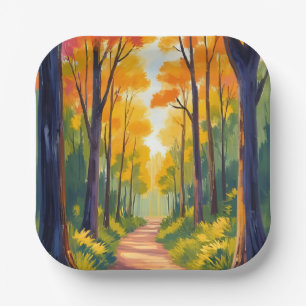 Fall Forest Path   Autumn Foliage Watercolor Paper Plate