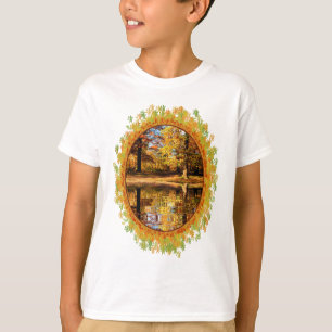 Fall forest with digital pond in frame of leaves T-Shirt