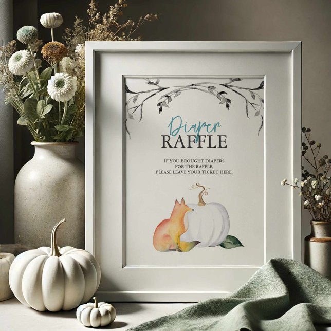 Fall Fox and Pumpkin Diaper Raffle Baby Shower Poster (Baby shower posters fall theme watercolor fox and pumpkin by Victoria Grigaliunas of Do Tell A Belle)