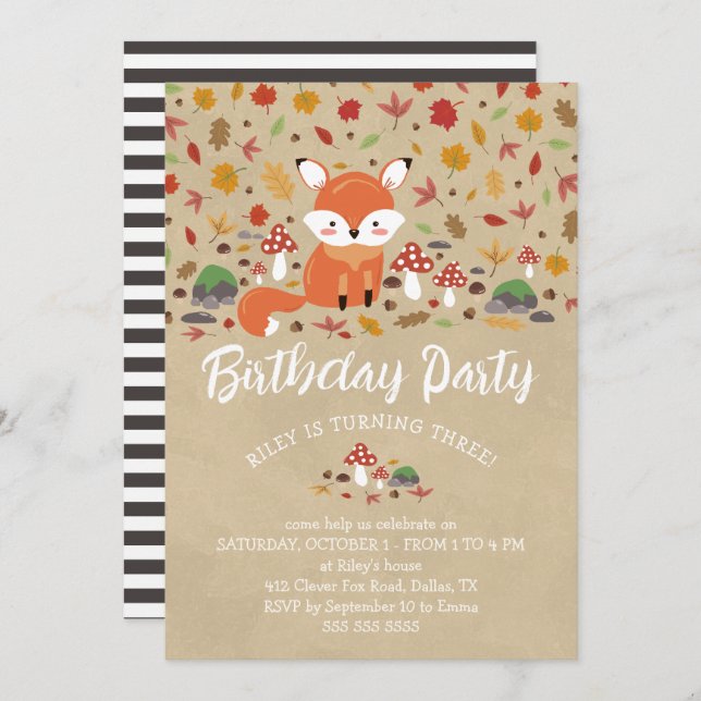 Fall Fox Kids Sandy Woodland Birthday Party Invitation (Front/Back)