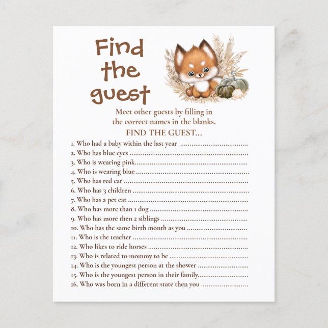 Fall Fox Pumpkins Find The Guest Baby Shower Game (Front)