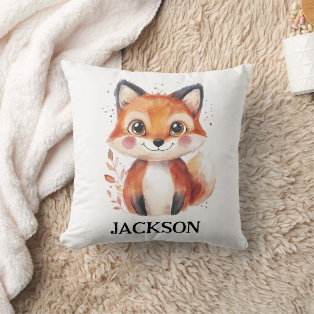 Fall Fox Watercolor Animal Autumn Cute Kids Name Cushion (Blanket)